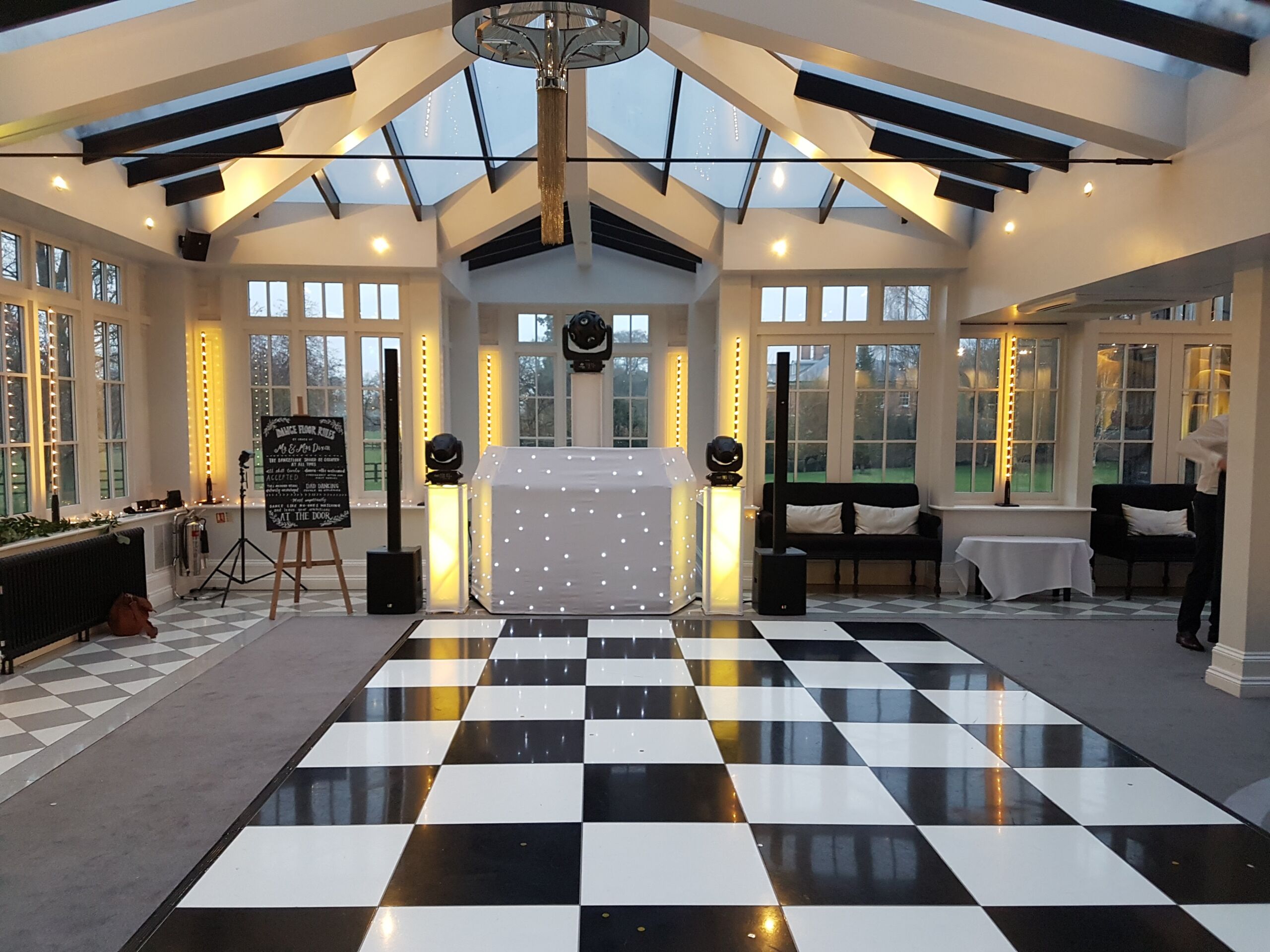 White starlit dj booth for a mobile disco at Swynford Manor