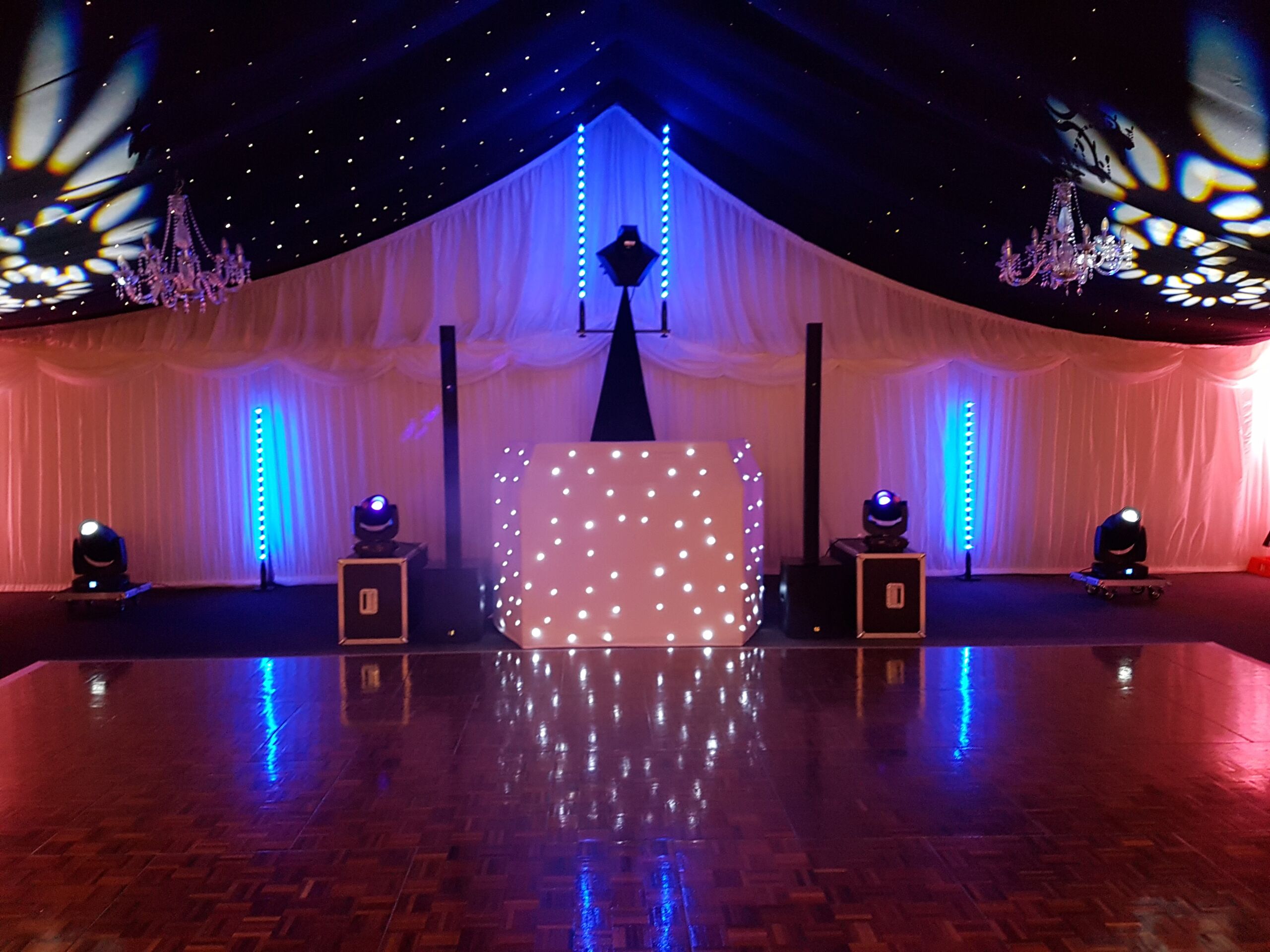 Mobile Disco Suffolk with uplighting and drapes